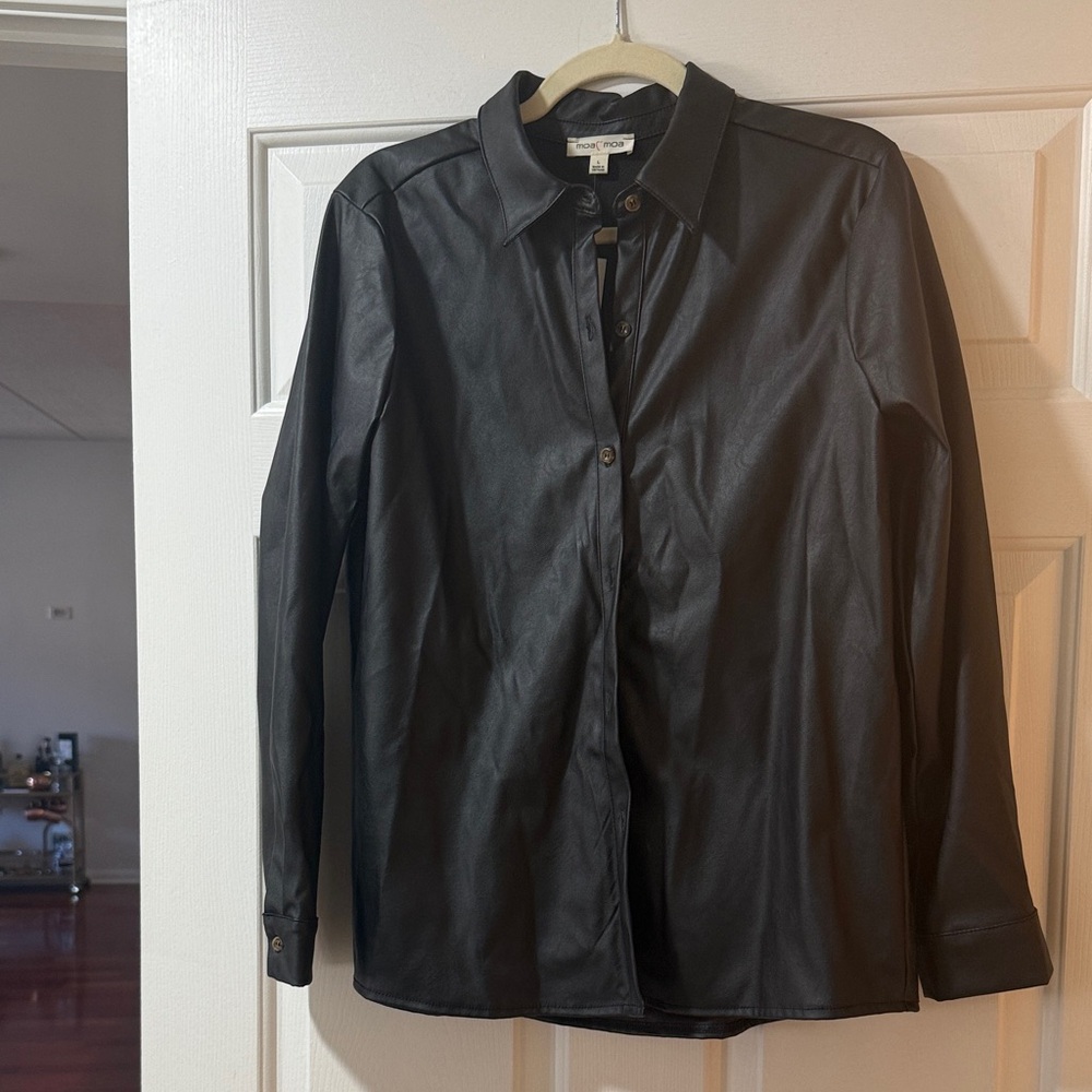 Black Faux Leather Shirt Jacket